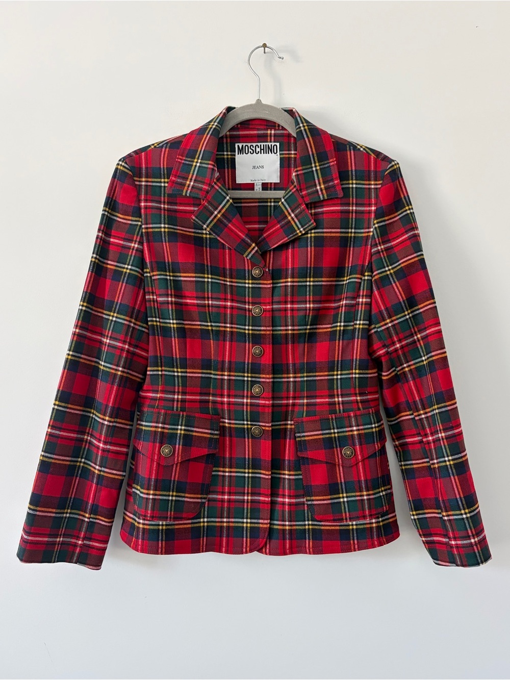 Moschino Jeans Red Green Tartan Plaid Snap Button Wool Preppy Blazer Jacket 8